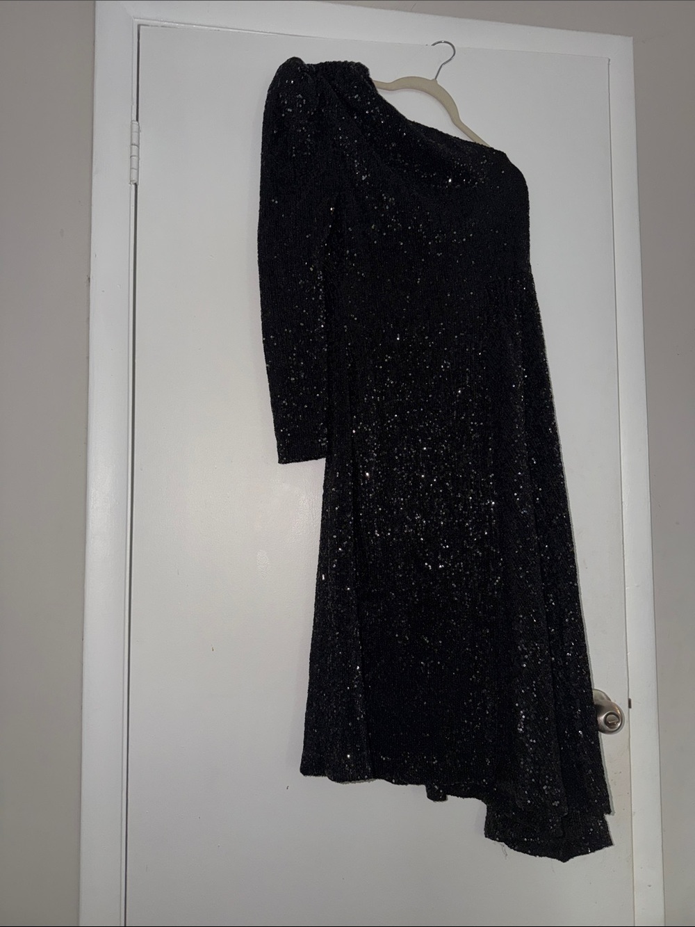 Rebecca Vallance Black One-Shoulder Sequin Gown